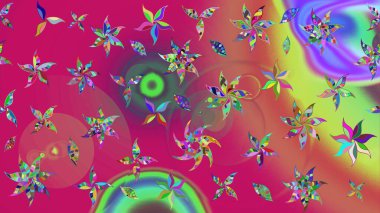 1950-1960 motifleri. Retro tekstil tasarım koleksiyonu. El çizimi çiçek unsurları olan soyut çizim raster deseni. Çiçekli ipek eşarp. Magenta magenta üzerine.