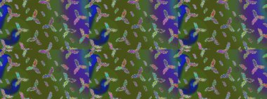 Yeşil, mavi ve mor kar taneleri. Raster illüstrasyonu. Noel ve yeni yıl moda baskıları için tatil tasarımı. Kar tanelerinin soyut arkaplanlı Noel deseni.