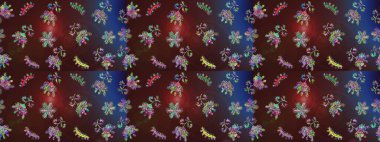 Çiçekli karalama şeklinde Raster çiçek deseni. Nazik, narin çiçek arkaplanı. Çiçekler kahverengi, mor ve mavi renklerde.