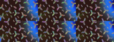 Raster illüstrasyonu. Noel ve yeni yıl moda baskıları için tatil tasarımı. Kahverengi, mavi ve gri kar taneleri. Kar tanelerinin soyut arkaplanlı Noel deseni.