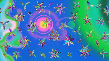 Çiçek desenli çizim. Raster illüstrasyonu. Asya tekstil tarzında. Mavi renkli çiçekler. Raster illüstrasyonu.