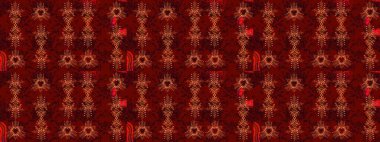 Kar tanelerinin soyut arkaplanlı Noel şablonu. Kırmızı, siyah ve kahverengi kar taneleri. Raster illüstrasyonu. Renkler. Noel ve Yeni Yıl moda baskıları için tatil tasarımı.