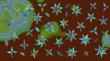 Modern çiçek arkaplanı. Moda baskıları için zarif bir şablon. Halk tarzı. Parlak renkli çiçekleri ve kahverengi yaprakları olan harika bir çiçek deseni..