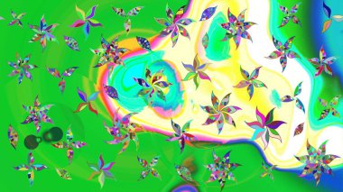 Düz Çiçek Elementleri Tasarımı. Çiçeksel fantezi tasarımı ve parlak bir arka plan çizimi. Renkli Bahar Teması çizim şablonu.