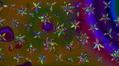 Raster illüstrasyonu. Raster deseni. Patlayan çiçekler soyut olarak yerleştirilmiş. Yumuşak, bahar çiçekleri kahverengi renklerde.