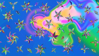 Raster Floral Illustration, Asyalı tekstil. Mavi renkli etnik çiçeklerle zarif eskiz deseni.