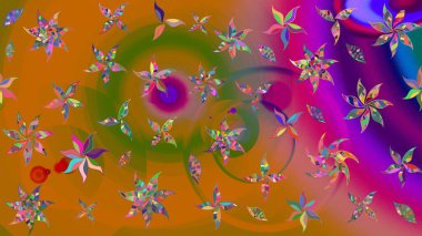 Turuncu renkli çiçekler. Hediye ambalaj kağıdı, tebrik kartları, posterler ve pankart tasarımı. Raster düz çiçek çizim deseni.