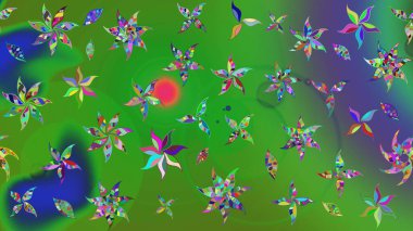 Patlayan çiçekler soyut olarak yerleştirilmiş. Yumuşak, yeşil renkli bahar çiçekleri. Raster illüstrasyonu. Raster deseni.