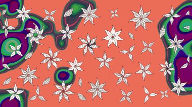 Raster Çiçek İllüstrasyonu 'nun şirin tekstili. Turuncu renkli etnik çiçeklerle zarif bir eskiz deseni..