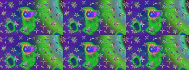 Yeşil renkli bitkilerden oluşan parlak çiçekli çizim deseni.