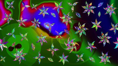 Çiçekli karalama şeklinde Raster çiçek deseni. Yeşil renkli çiçekler. Nazik, narin çiçek arkaplanı.