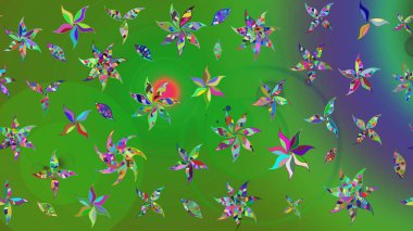 Hediye ambalaj kağıdı, tebrik kartları, posterler ve pankart tasarımı. Yeşil renkli çiçekler. Raster düz çiçek çizim deseni.