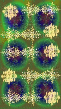 Raster illüstrasyonu. Yeşil, mavi ve sarı kar taneleri. Noel ve yeni yıl moda baskıları için tatil tasarımı. Kar tanelerinin soyut arkaplanlı Noel deseni.