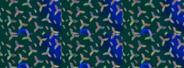 Mavi, yeşil ve mor kar taneleri. Raster illüstrasyonu. Noel ve yeni yıl moda baskıları için tatil tasarımı. Kar tanelerinin soyut arkaplanı olan şirin bir Noel arkaplanı. Renkler.