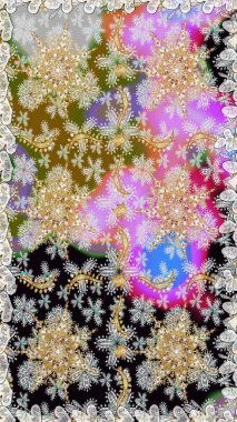 Raster altın tekstil baskısı. İslam tasarımı. Çiçek kiremitleri. Gri renkli ve altın elementli altın desenli. Kusursuz desenli oryantal süs.