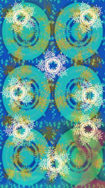 Raster illüstrasyonu. Mavi, yeşil ve kar taneli nötr renkler. Renkli arka planda izole tatlı kar taneleri.