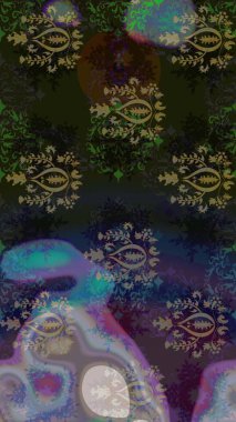 Raster illüstrasyonu. Şirin çiçekli eskiz deseni ve gri renkli yapraklar, suluboya çiçek deseni, duvar kağıdı, kart veya kumaş için fayanslı.