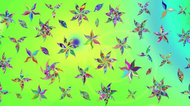 Yeşil renkli bitkilerden oluşan parlak çiçekli çizim deseni.