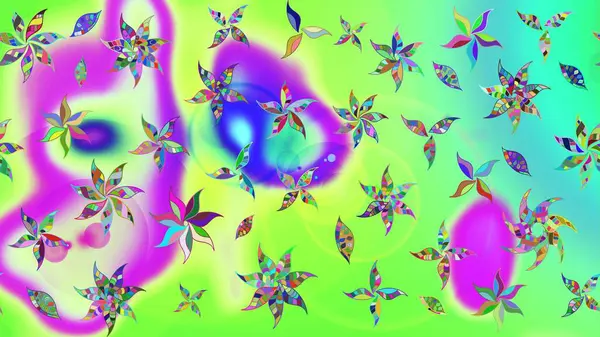 Çiçek desenli eskiz, darbeler, sıçramalar, yaz çiçekleri. Raster illüstrasyonu. Yeşil renkte çiçekler.