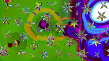 Yeşil renkli çiçekler. Hediye ambalaj kağıdı, tebrik kartları, posterler ve pankart tasarımı. Raster düz çiçek çizim deseni.