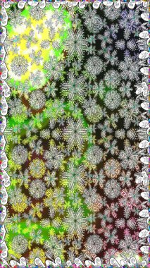 Çok renkli, zarif küçük çiçekler ve gri renkli komik böcekler, raster desen, illüstrasyon.