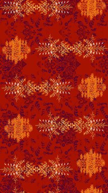 Renkli süs kenarı. Kırmızı, turuncu ve mor renklerde. Raster illüstrasyonu. Hint süsü. Çizim kalıbı. Çiçek duvar kağıdı.