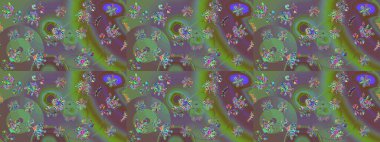 Yeşil renkli bitkilerden oluşan parlak çiçekli çizim deseni.