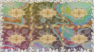 Raster soyut çiçek çelengi altın karalama fantezi yaprakları ve tarafsız renklerde çiçek. El yapımı dekoratif çerçeve, albüm kapağı, tebrik kartı, klasik Art deco tarzı.