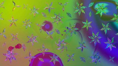 Düz Çiçek Elementleri Tasarımı. Raster Illustrasyon 'daki Çiçek Deseni' nin son moda çizimi. Renkli Yaz Temalı eskiz kalıbı. Yeşil renkte çiçekler.