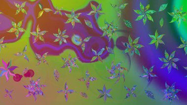 Renkli Yaz Temalı eskiz kalıbı. Raster Illustrasyon 'daki Çiçek Deseni' nin son moda çizimi. Düz Çiçek Elementleri Tasarımı. Yeşil renkte çiçekler.