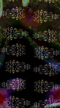 Eskiz geçmişi. Eski usul. Kumaş, tekstil, duvar kağıdı baskısı için. Renkli desenli eskiz deseni, siyah çiçekler ve dekoratif elementlerle. Raster illüstrasyonu.