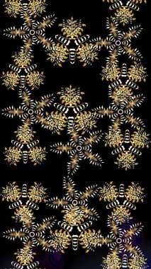 Siyah ve kahverengi kar taneleri. Noel ve yeni yıl moda baskıları için tatil tasarımı. Kar tanelerinin soyut arkaplanlı Noel şablonu. Raster illüstrasyonu.