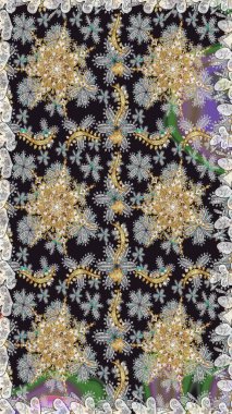 Raster altın pürüzsüz desen. Düz elle çizilmiş klasik koleksiyon. Gri renkli ve altın elementli altın desenli. Arkaplan, kumaş, altın duvar kağıdı.