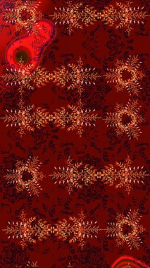 Kırmızı, siyah ve kahverengi kar taneleri. Raster illüstrasyonu. Noel ve yeni yıl moda baskıları için tatil tasarımı. Kar tanelerinin soyut arkaplanlı Noel deseni.