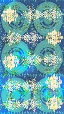 Kar tanelerinin soyut arkaplanlı Noel şablonu. Mavi, tarafsız ve yeşil kar taneleri. Raster illüstrasyonu. Noel ve yeni yıl moda baskıları için tatil tasarımı. Renkler.