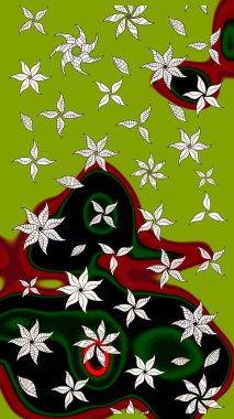 Raster Floral Illustration, Asyalı tekstil. Yeşil renkli etnik çiçeklerle zarif eskiz deseni.