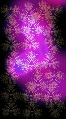 Raster illüstrasyonu. Kar tanelerinin soyut arkaplanlı Noel şablonu. Mor, siyah ve mor kar taneleri. Noel ve Yeni Yıl moda baskıları için tatil tasarımı.