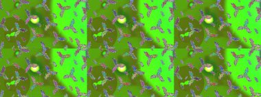 Kış kar tanesi, raster arka plan. Renkli arka planda izole kar taneleri. Yüzey için tekrarlanan doku, ambalaj kağıdı, yeşil, mavi ve nötr renkler. Raster illüstrasyonu.