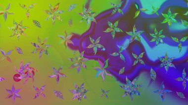 Çiçekli ipek eşarp. Retro tekstil tasarım koleksiyonu. 1950-1960 motifleri. El çizimi çiçek unsurları olan soyut çizim raster deseni. Yeşil yeşile.