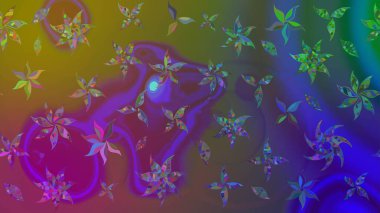 Mor renkte çok renkli zarif küçük çiçekler ve komik böcekler, raster deseni, illüstrasyon.