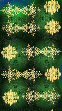 Yüzey için tekrarlanan doku, ambalaj kağıdı, yeşil, gri ve sarı renkli kar tanesi. Kış kar taneleri, raster arka plan.