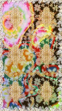 Kusursuz kraliyet lüksü, altın barok kumaş rengi. Altın antika ortaçağ dekoratifi, yapraklar ve tarafsız renklerde altın desenli süslemeleri olan pürüzsüz bir desen..