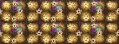 Kar tanelerinin soyut arkaplanlı Noel şablonu. Noel ve yeni yıl moda baskıları için tatil tasarımı. Kahverengi, yeşil ve sarı kar taneleri. Raster illüstrasyonu.