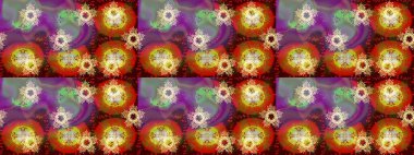 Yüzey için tekrarlanan doku, ambalaj kağıdı, kahverengi, mor ve kırmızı renkte kar tanesi. Kış kar taneleri, raster arka plan.