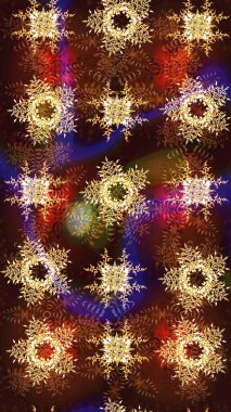 Kahverengi, sarı ve kırmızı ikon silueti. Yeni yıl tabelası. Raster illüstrasyonu. Noel tasarımı için. Kar tanesi kışı kahverengi, sarı ve kırmızı renklerde izole edilir. Kutlamanın sembolü.