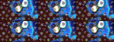 Mavi renkli çiçekler. Raster illüstrasyonu. El çizimi çiçekli soyut çizim deseni.