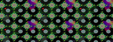 Raster Çiçek İllüstrasyonu 'nun şirin tekstili. Siyah, gri ve yeşil renkli etnik çiçeklerle zarif bir eskiz deseni..