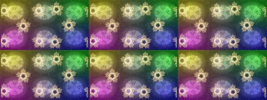 Kar tanelerinin soyut arkaplanı olan şirin bir Noel arkaplanı. Yeşil, nötr ve mor kar taneleri. Raster illüstrasyonu. Renkler. Noel ve Yeni Yıl moda baskıları için tatil tasarımı.