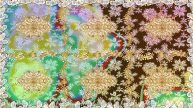 Raster altın tekstil baskısı. Çiçek kiremitleri. Altın elementlerle nötr renklerde altın desen. İslam tasarımı. Kusursuz desenli oryantal süs.