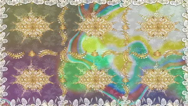 Doğu tarzı arabesk. Raster. Hassas altın deseni açın. Tarafsız renklerde, altın elementlerle kusursuz desen. Kusursuz altın desenli bukleler. Parlak dantel, stilize çiçekler, şal desenli.